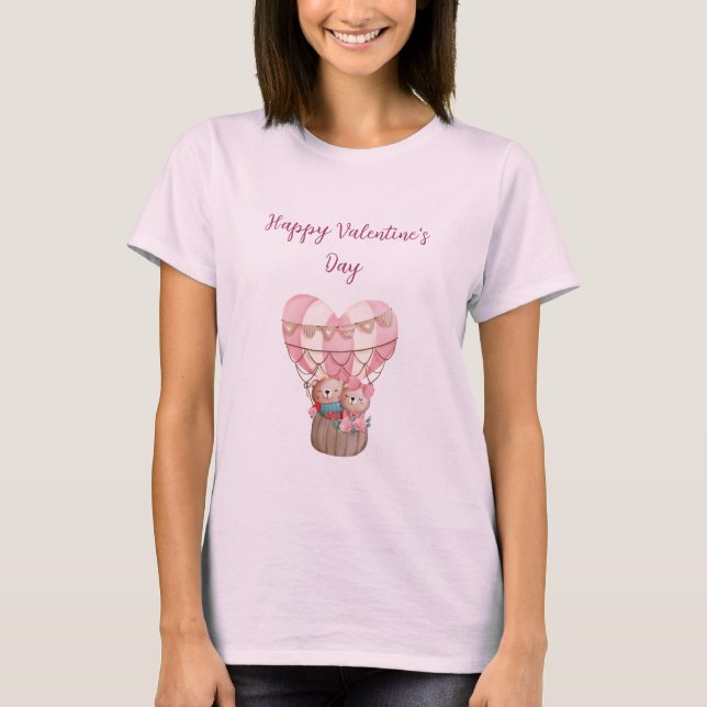 Pink Valentine's Day teddy bear romantic balloon T-Shirt (Front)