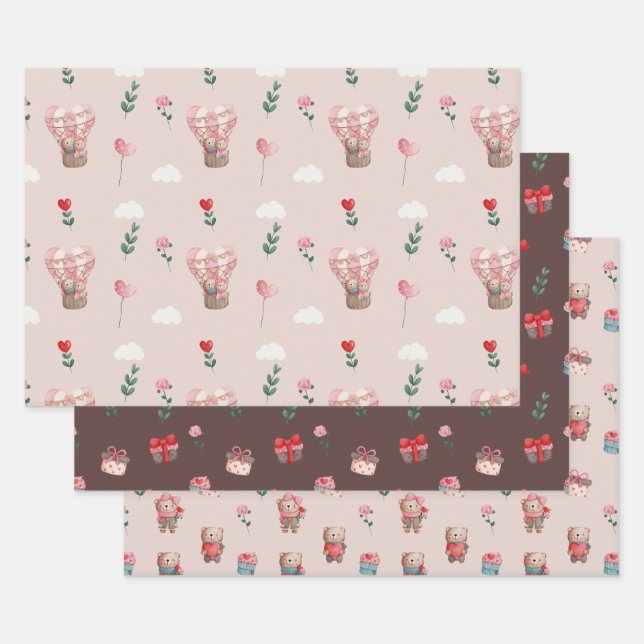 Pink Valentine's Day teddy bear romantic balloon Wrapping Paper Sheets (Set)