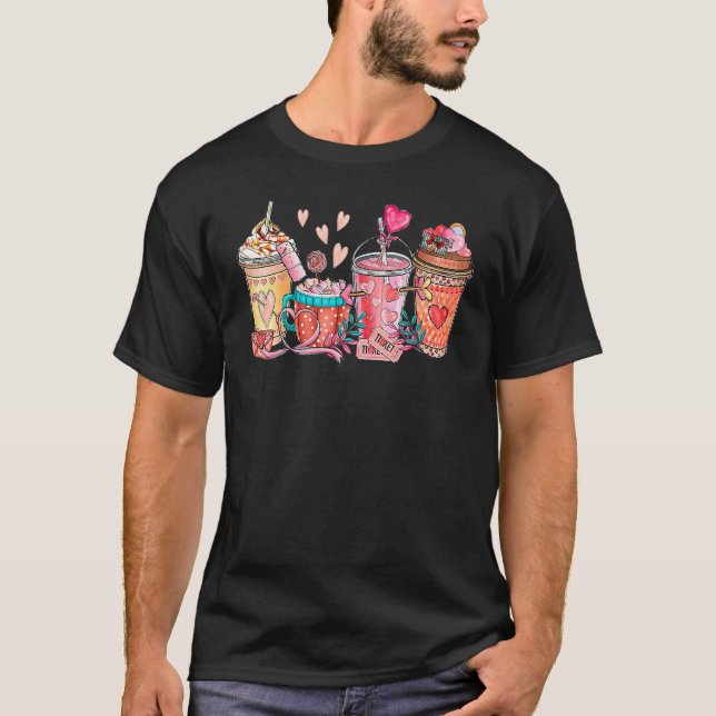 Pink Valentine's Drink Hot Coca Heart Happy Valent T-Shirt (Front)