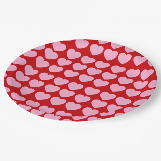 Pink Valentines Hearts on Red Paper Plates (Angled)