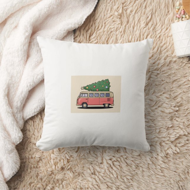 Pink Van with Christmas Tree Throw Pillow (Blanket)