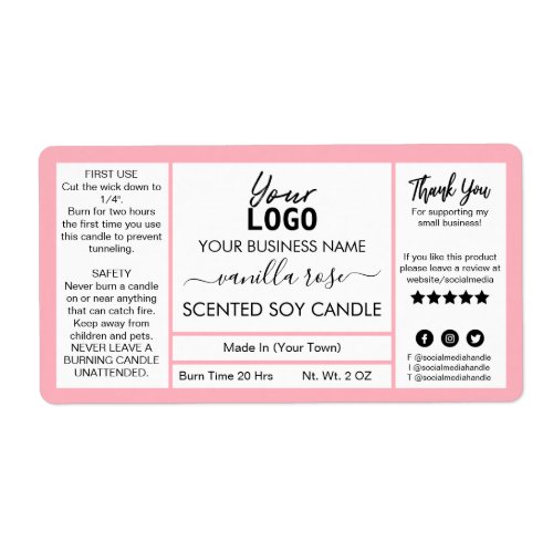 Pink Vanilla Rose Scented Soy Candle Label