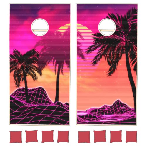 Pink Vaporwave landscape with palm trees Cornhole Set