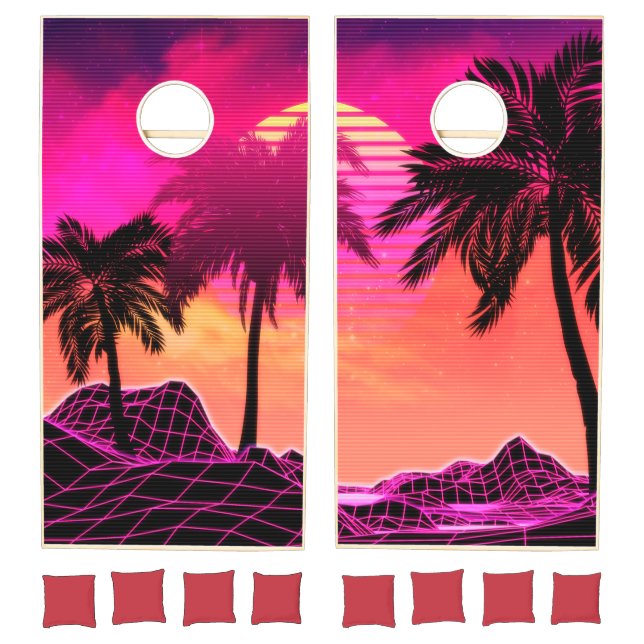 Pink Vaporwave landscape with palm trees Cornhole Set (Set)