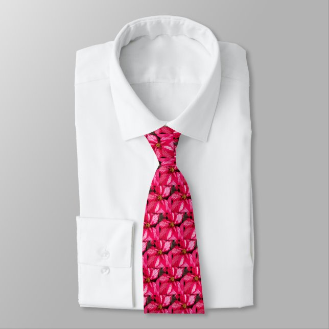 Pink Variegated Poinsettia Pattern Holiday Neck Tie (Tied)
