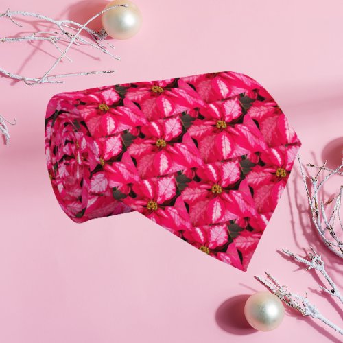 Pink Variegated Poinsettia Pattern Holiday Neck Tie
