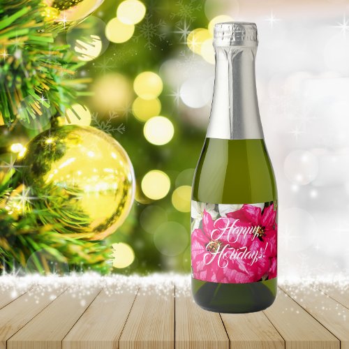 Pink Variegated Poinsettias Holiday Sparkling Wine Label