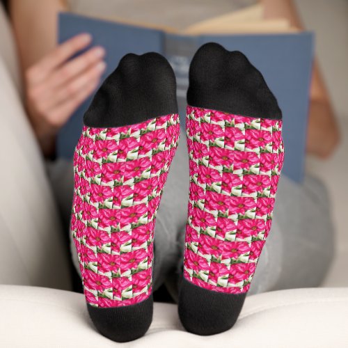 Pink Variegated Poinsettias Pattern Holiday Socks