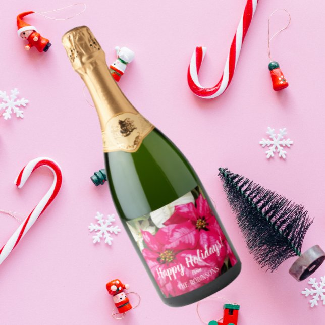Pink Variegated Poinsettias Personalized Holiday Sparkling Wine Label (In Situ Holiday)