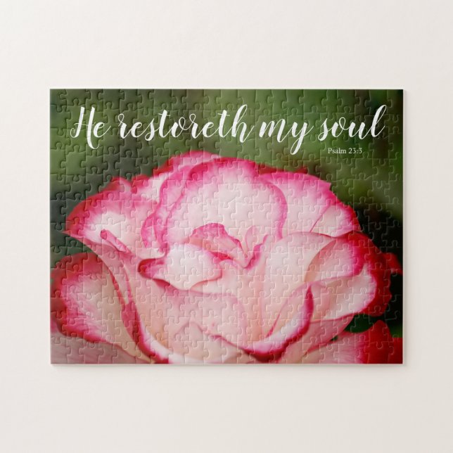 Pink Variegated Rose Psalm 23:3 Scripture Jigsaw Puzzle (Horizontal)
