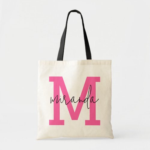 Pink Varsity Letter Monogram Cursive Script Name Tote Bag