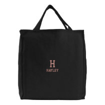 Pink Varsity Letter Monogram Name Embroidered Tote Bag