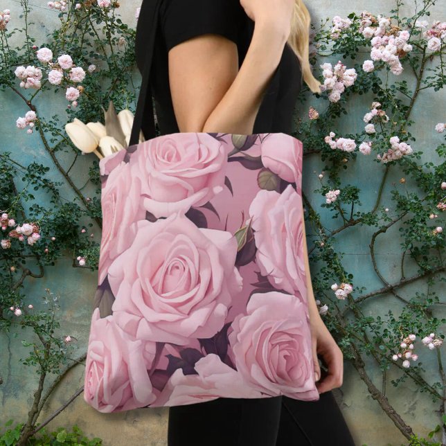 Pink Velvet Rose Garden Allover Printed Tote Bag (Pink Velvet Rose Petals Tote)