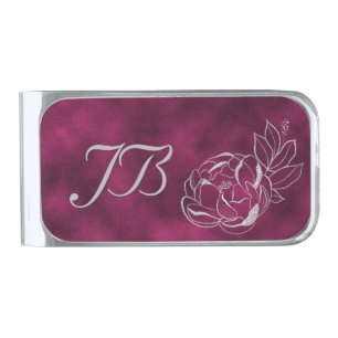 Pink Velvet Silver Rose Monogram Money Clip