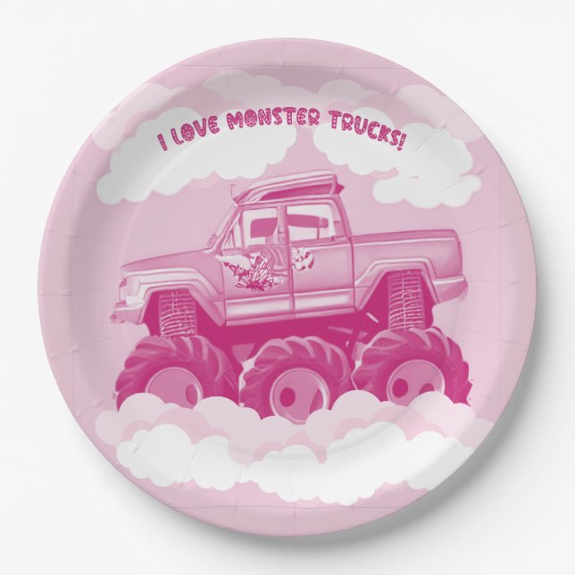 Pink Version I Love Monster Trucks Image     Paper Plates (Front)