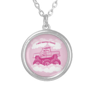 Pink Version I Love Monster Trucks Image Silver Plated Necklace