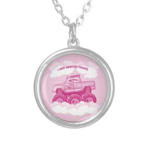 Pink Version I Love Monster Trucks Image  Silver Plated Necklace