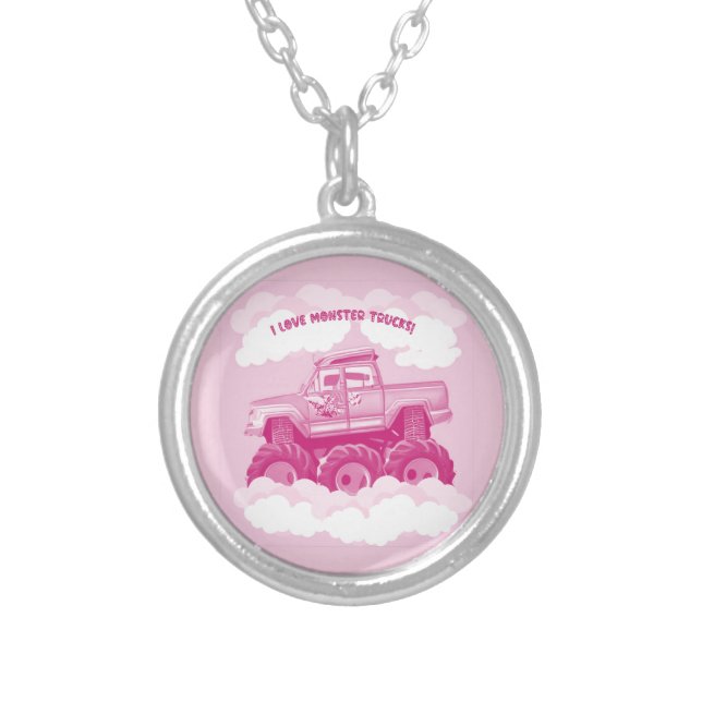 Pink Version I Love Monster Trucks Image  Silver Plated Necklace (Front)