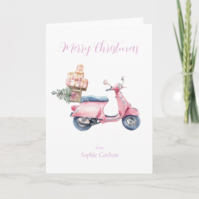 Pink Vespa Christmas Shopping Trip   Holiday Card (Front)
