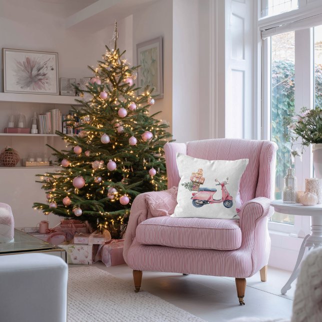 Pink Vespa Christmas Shopping Trip  Throw Pillow (Pink Vespa Christmas shopping trip pillow )