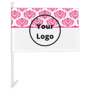 Pink Victorian damask on white Car Flag