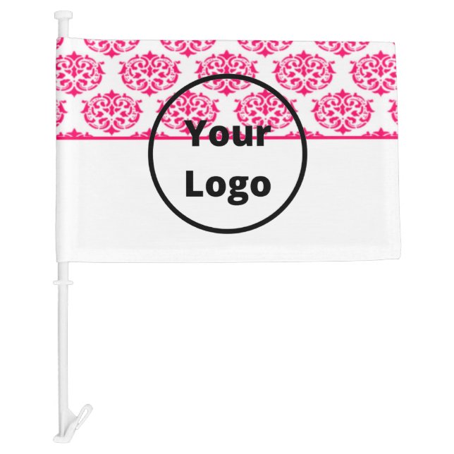 Pink Victorian damask on white Car Flag (Front)