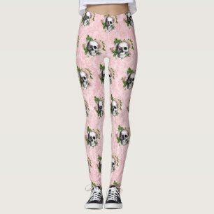 Pink Victorian Gothic Glam Skeleton and Damask Leggings