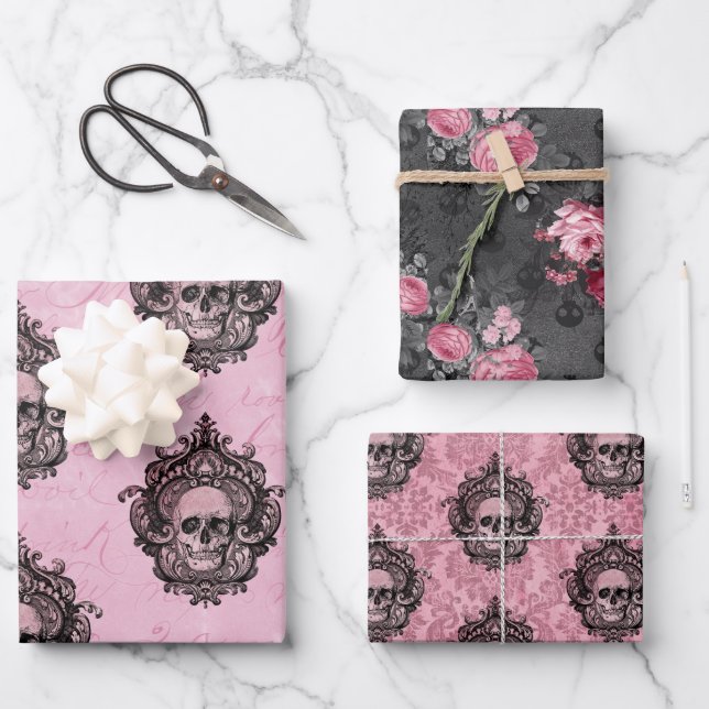 Pink Victorian Gothic Glam Skull and Damask  Wrapping Paper Sheets (Front)