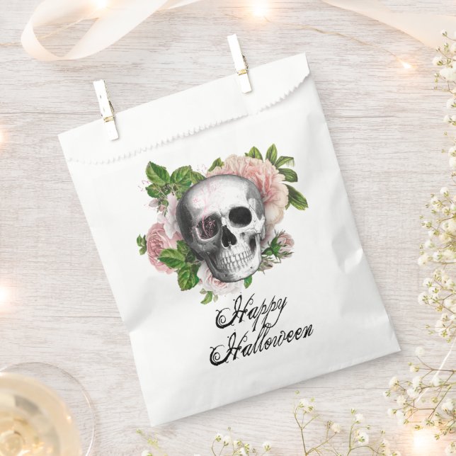 Pink Victorian Gothic Skull Damask Halloween Favor Bag (Clipped)
