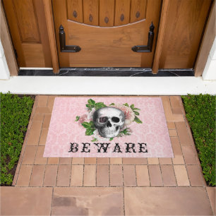 Pink Victorian Gothic Skull Halloween Beware  Doormat