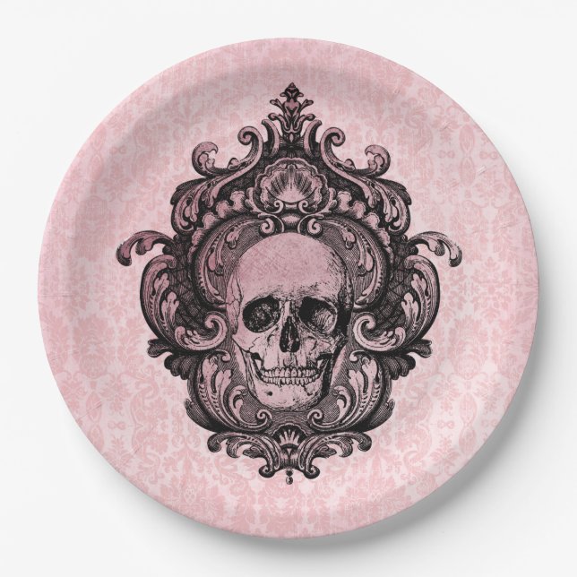 Pink Victorian Gothic Skull Halloween Paper Plates (Front)