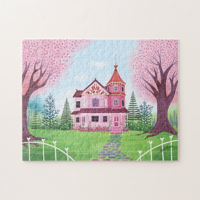 Pink Victorian House & Cherry Blossom Jigsaw Puzzle (Horizontal)