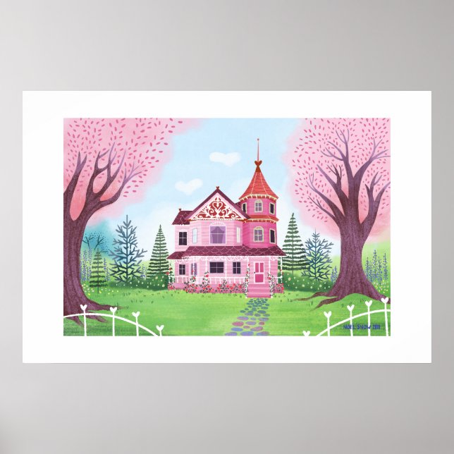 Pink Victorian House & Cherry Blossom Large Print (Front)