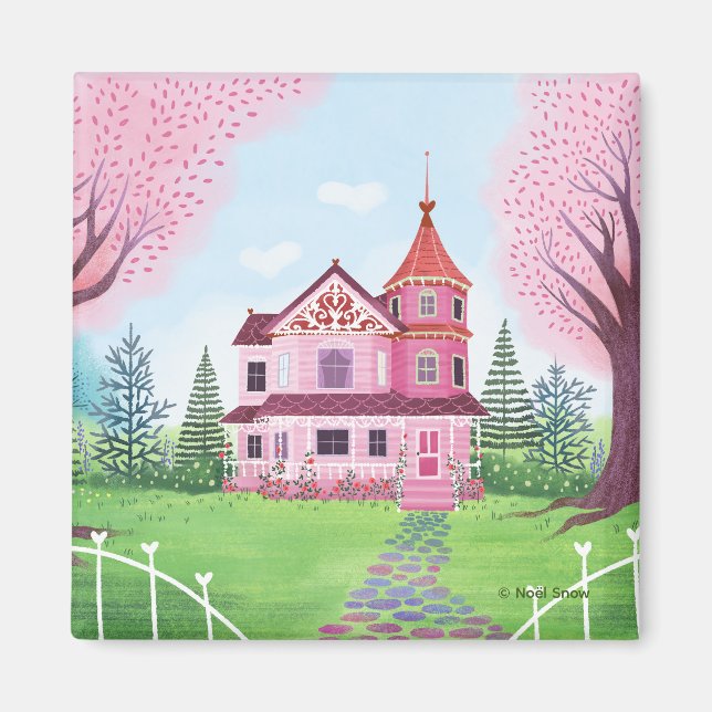 Pink Victorian House & Cherry Blossom Magnet (Front)