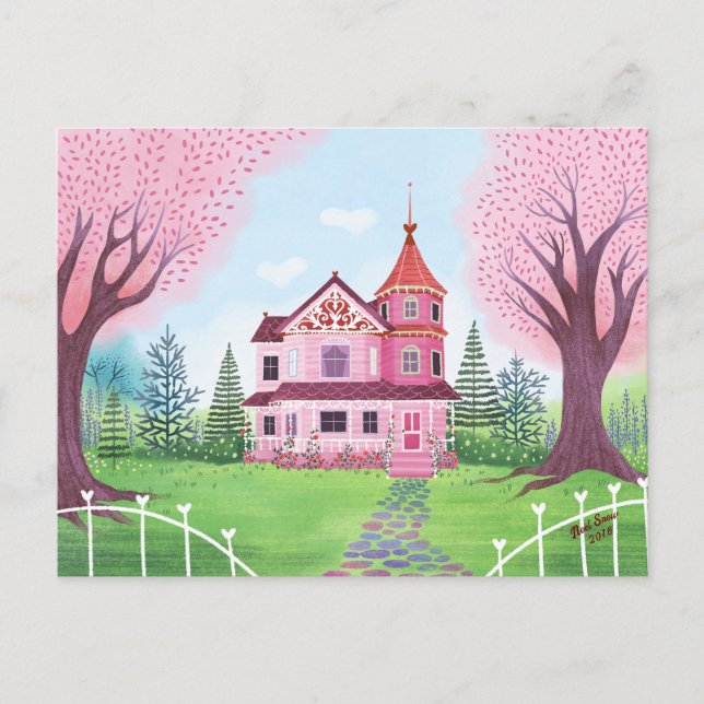 Pink Victorian House Cherry Blossom  Postcard (Front)