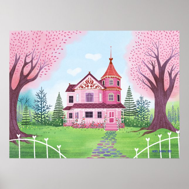 Pink Victorian House & Cherry Blossom  Poster (Front)