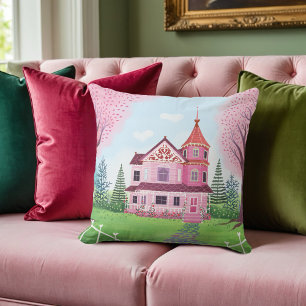 Pink Victorian House & Cherry Blossom Square Throw Pillow