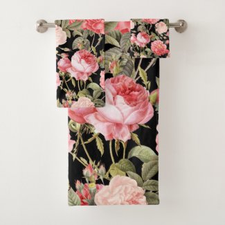 Pink Victorian Roses on Black Pattern Bath Towel Set