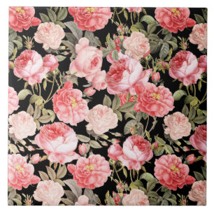 Pink Victorian Roses on Black Pattern Ceramic Tile