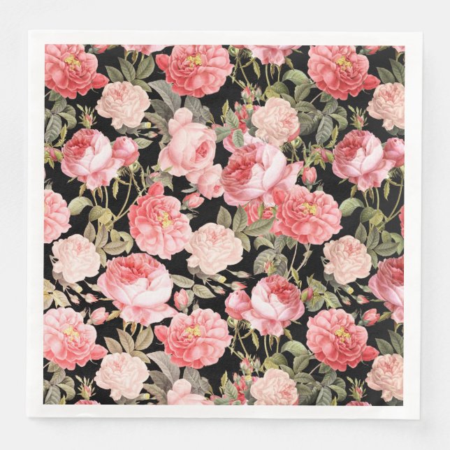 Pink Victorian Roses on Black Pattern Paper Dinner Napkins (Front)