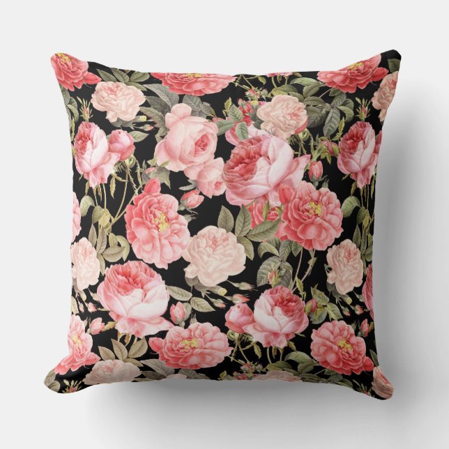 Pink Victorian Roses on Black Pattern Throw Pillow (Front)