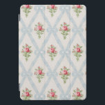 Pink Victorian Roses w/Blue Ribbon Lattice<br><div class="desc">Pretty Victorian pink rose bouquets with diagonal lattice of pale blue ribbons and bows on soft eggshell background with subtle gray dots. Design is seamless and scalable.</div>