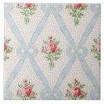 Pink Victorian Roses w/Blue Ribbon Lattice Ceramic Tile<br><div class="desc">Pretty Victorian pink rose bouquets with diagonal lattice of pale blue ribbons and bows on soft eggshell background with subtle gray dots. Design is seamless and scalable.</div>