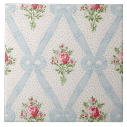 Pink Victorian Roses w/Blue Ribbon Lattice Ceramic Tile