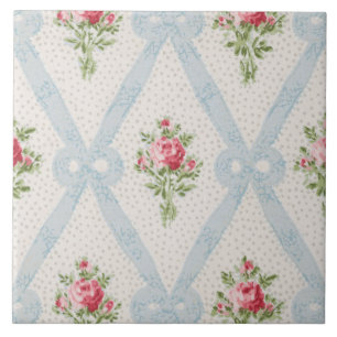 Pink Victorian Roses w/Blue Ribbon Lattice Ceramic Tile