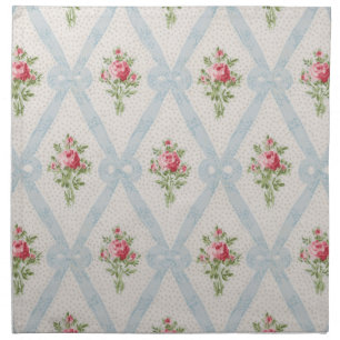 Pink Victorian Roses w/Blue Ribbon Lattice Cloth Napkin