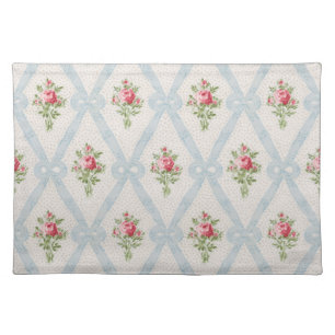 Pink Victorian Roses w/Blue Ribbon Lattice Cloth Placemat
