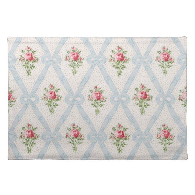 Pink Victorian Roses w/Blue Ribbon Lattice Cloth Placemat (Front)