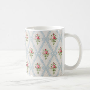 Pink Victorian Roses w/Blue Ribbon Lattice Coffee Mug