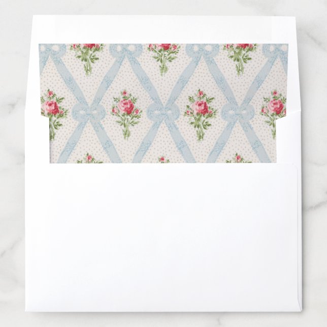 Pink Victorian Roses w/Blue Ribbon Lattice Envelope Liner (In Envelope)